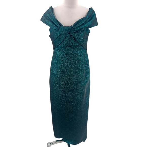 Rickie Freeman Teri Jon Green Shimmering Off-Shoulder Gown Dress Size 12 - Picture 3 of 8